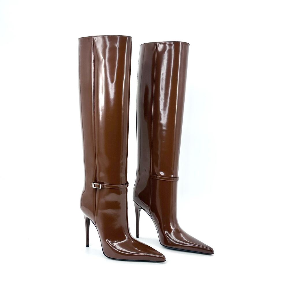 NWOB Saint Laurent Vendome Knee High Boots Pointed Toe Brown Leather EU 38 US 8
